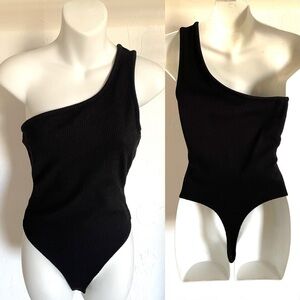 Chic Black ONE Uni SHOULDER Waffle Weave BODYSUIT Size S/M